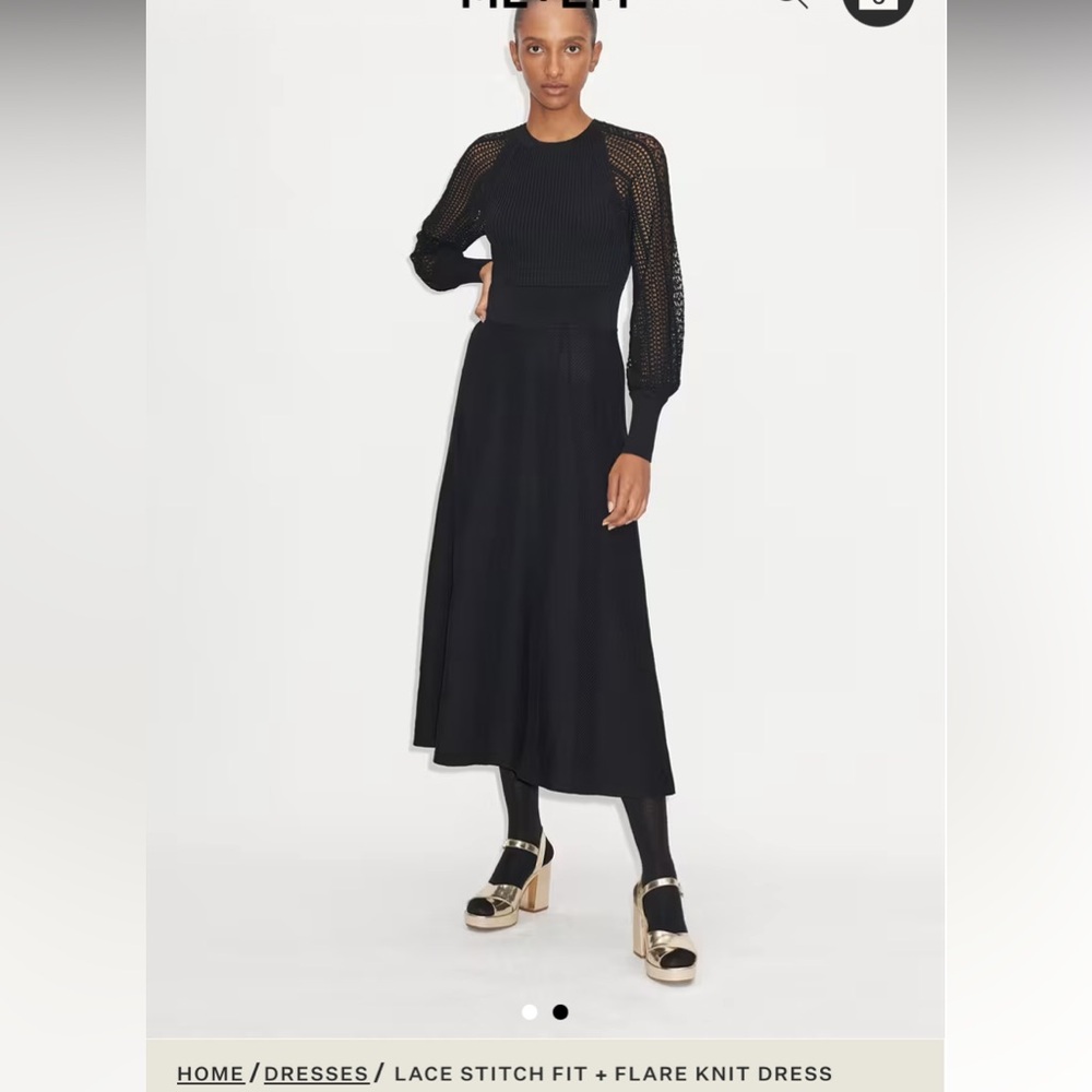 ME+EM 2 Elegant Black Lace Stitch Fit & Flare Knit Dress XS Maxi Long Sleeve